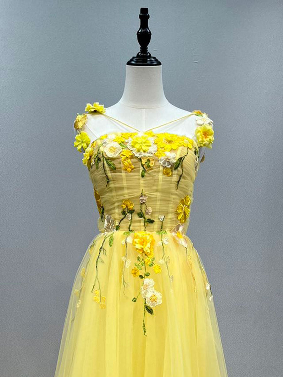 Yellow Prom Gown with Floral Lace Appliqué Fairy Girls Party Dresses YE3028
