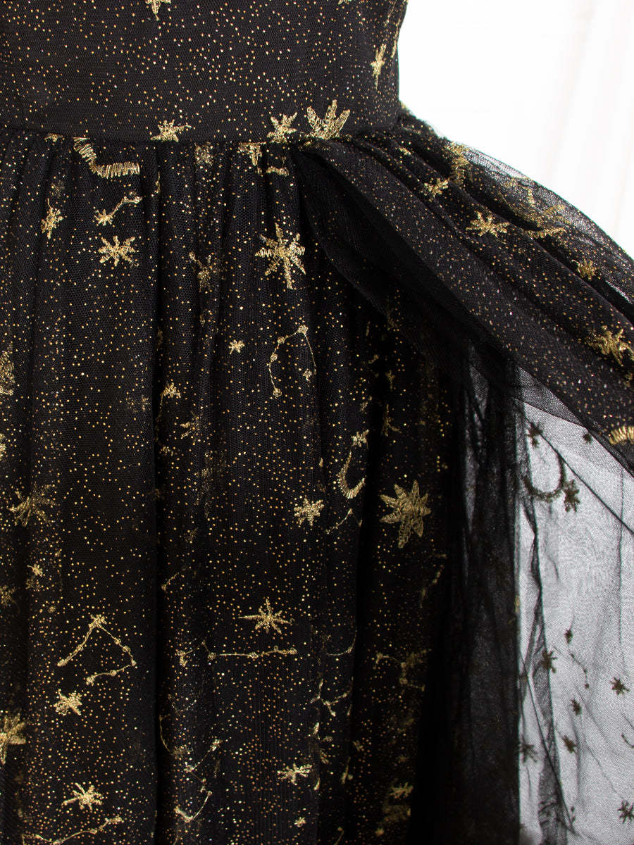 Black Tulle Embroidered Gold Stars Prom Dress High Leg Slit Party Gown W243137