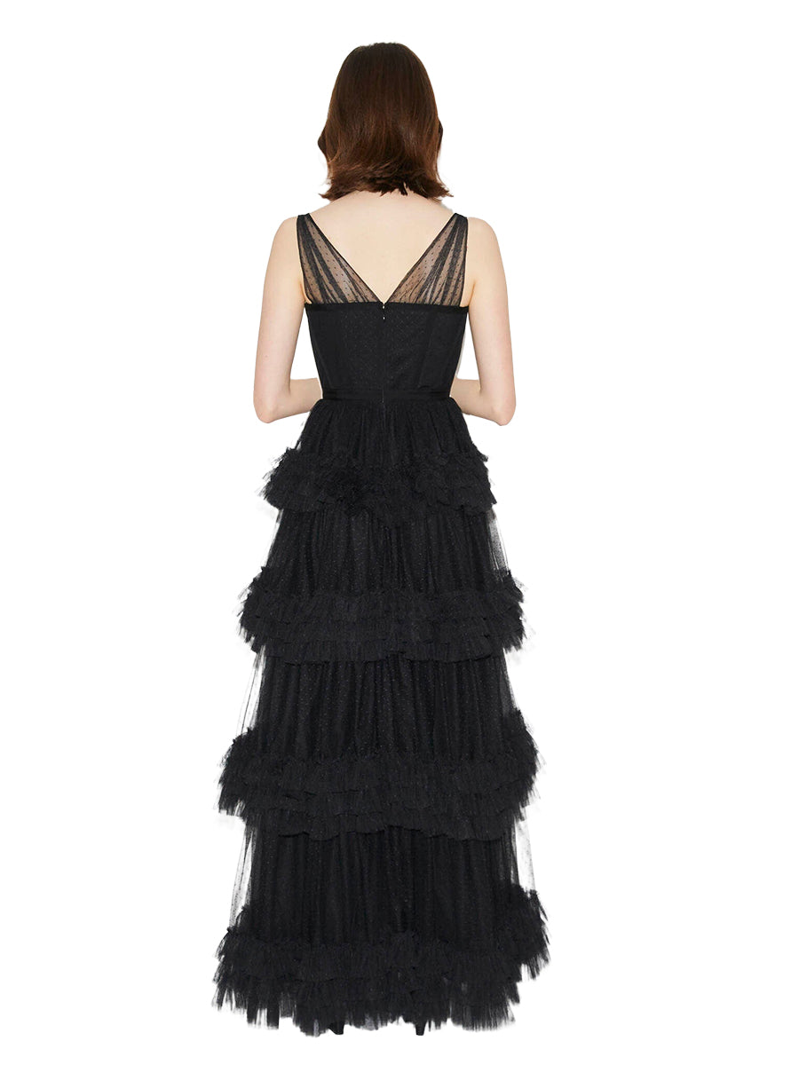 A line Sleeves Black Tulle Evening Dress Eloping Wedding Dress Custom Made Prom Gown