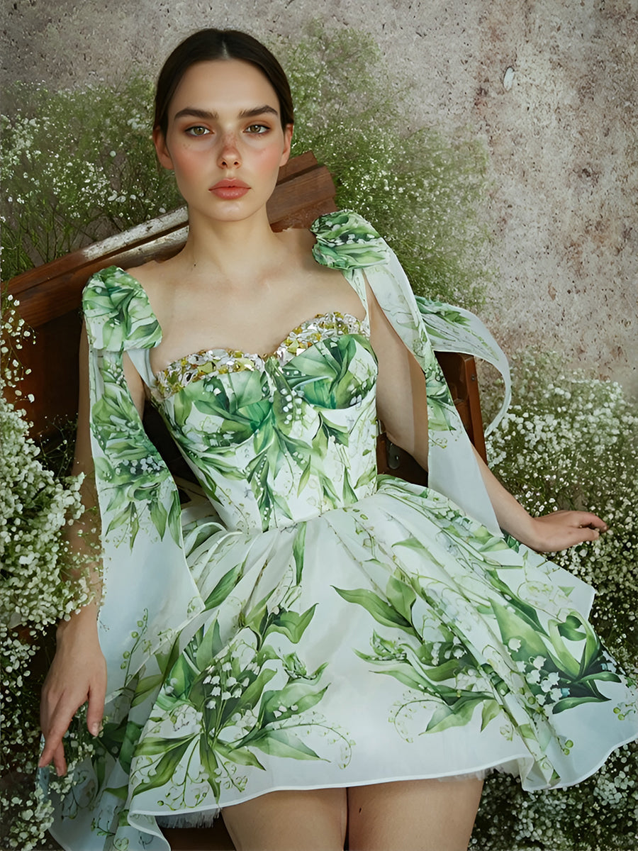 Green Floral Printed Midi Prom Dress Cocktail Party Homecoming Dresss