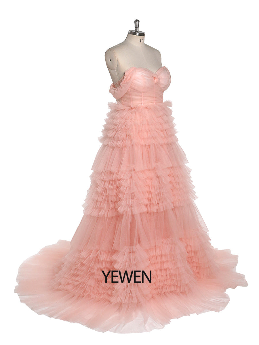 Tiered Tulle Prom Dress Long Elegant Off Shoulder Sweatheart Woman Photography Dresses YEWEN