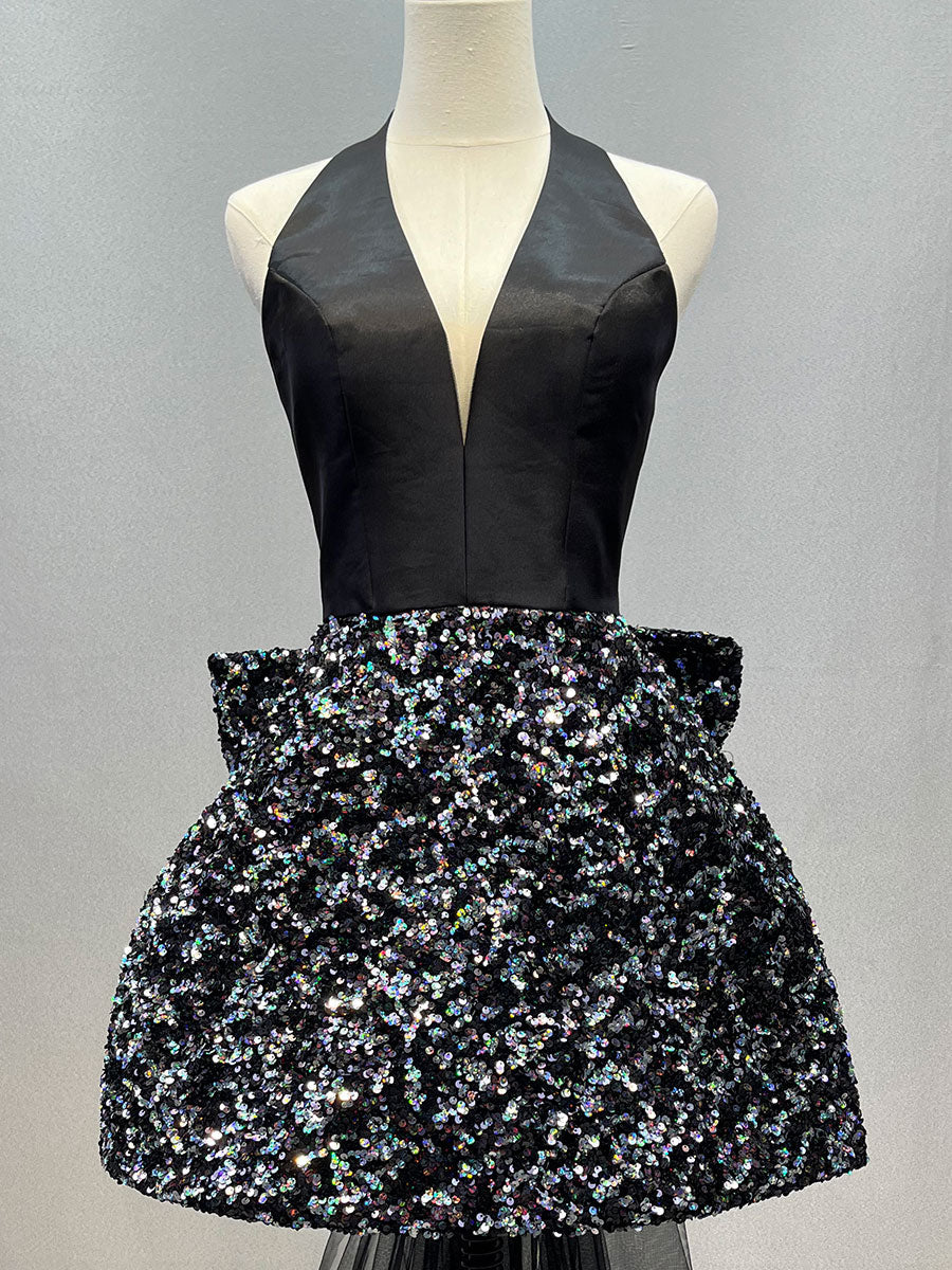 Gorgeous V Neck Short Black Prom Dress Girls Party Dresses YE3027