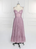 Dusty Pink Lace Prom Dress Homecoming Dress for Girls Tea Length Formal Dresses YW231089
