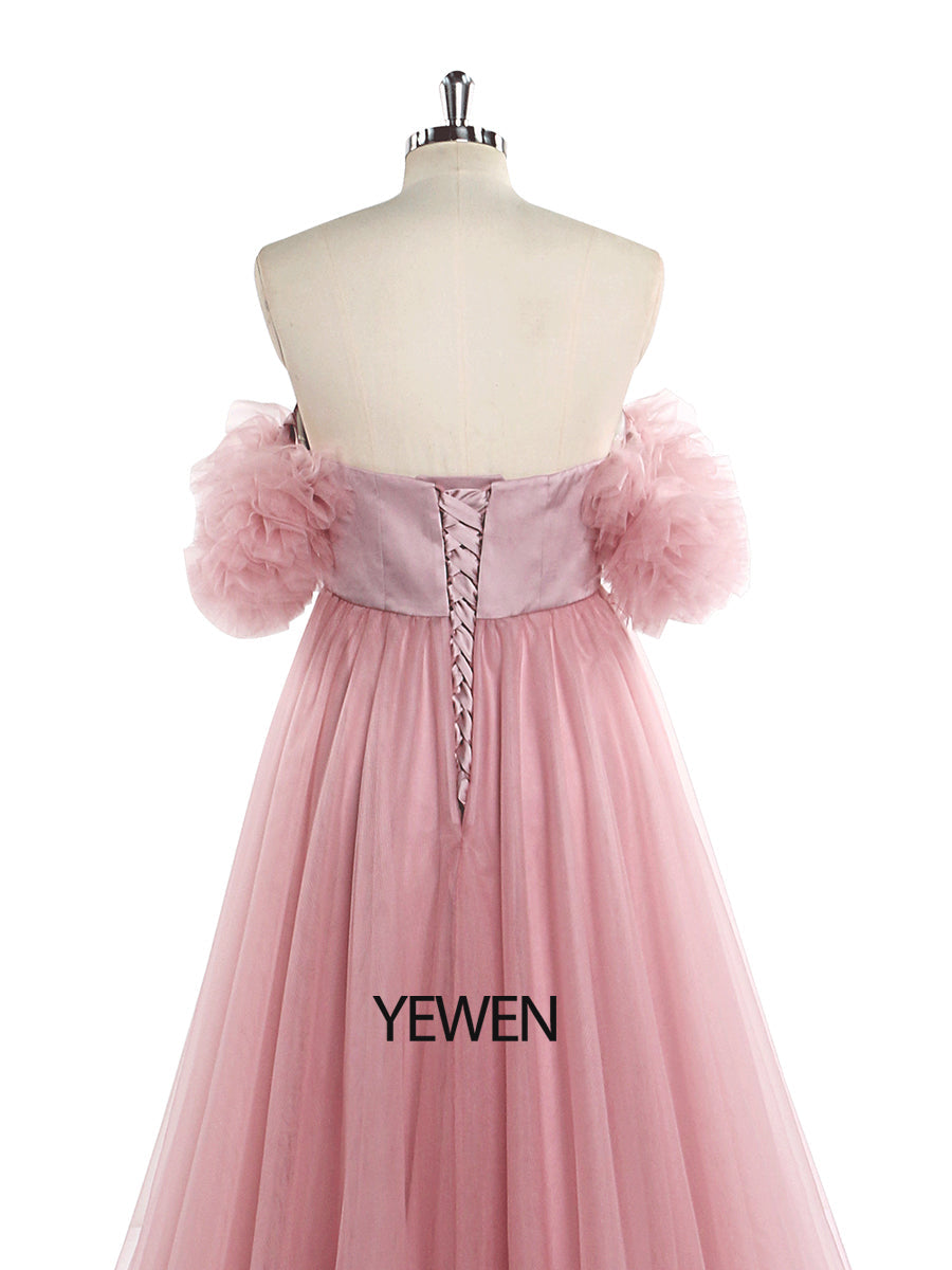 Pink Tulle Maternity Photography Dress Long Off Shoulder Maternity Gowns for Baby Shower  Fancy Photography Props YeWen YW220905