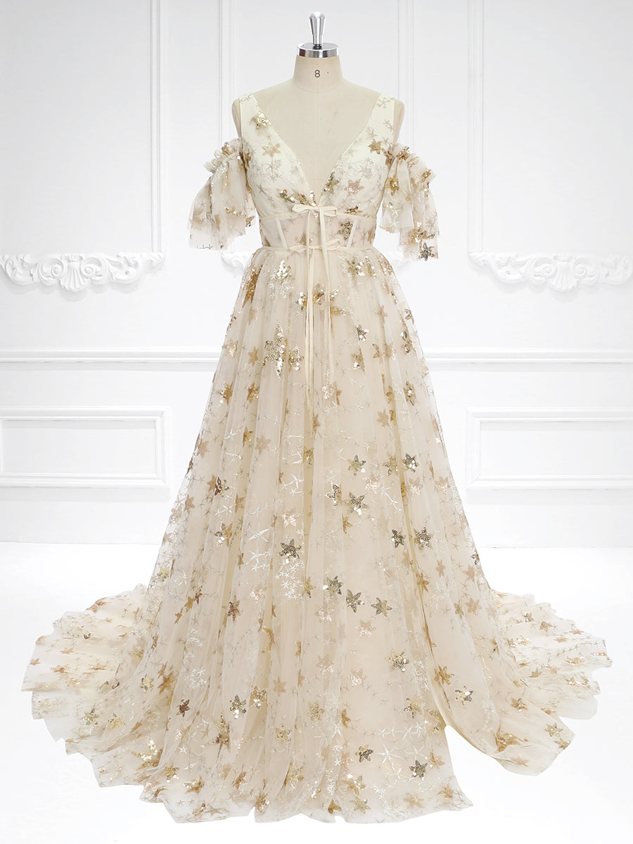 V-Neck Sequin Star Champagne Color Wedding Dress Elegant Ladies Beach Ball Dress 60cm Train YW240073