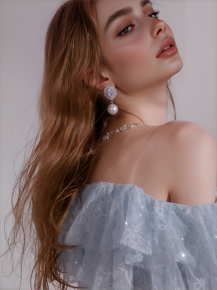 A-line Fairy Tulle Lace Ball Gown Off Shoulder Folds Evening Party Dresses Layered Folds Cocktail Dresses