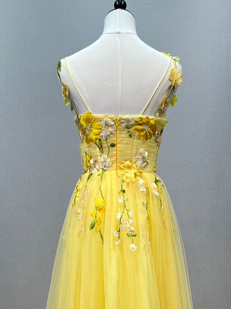 Yellow Prom Gown with Floral Lace Appliqué Fairy Girls Party Dresses YE3028