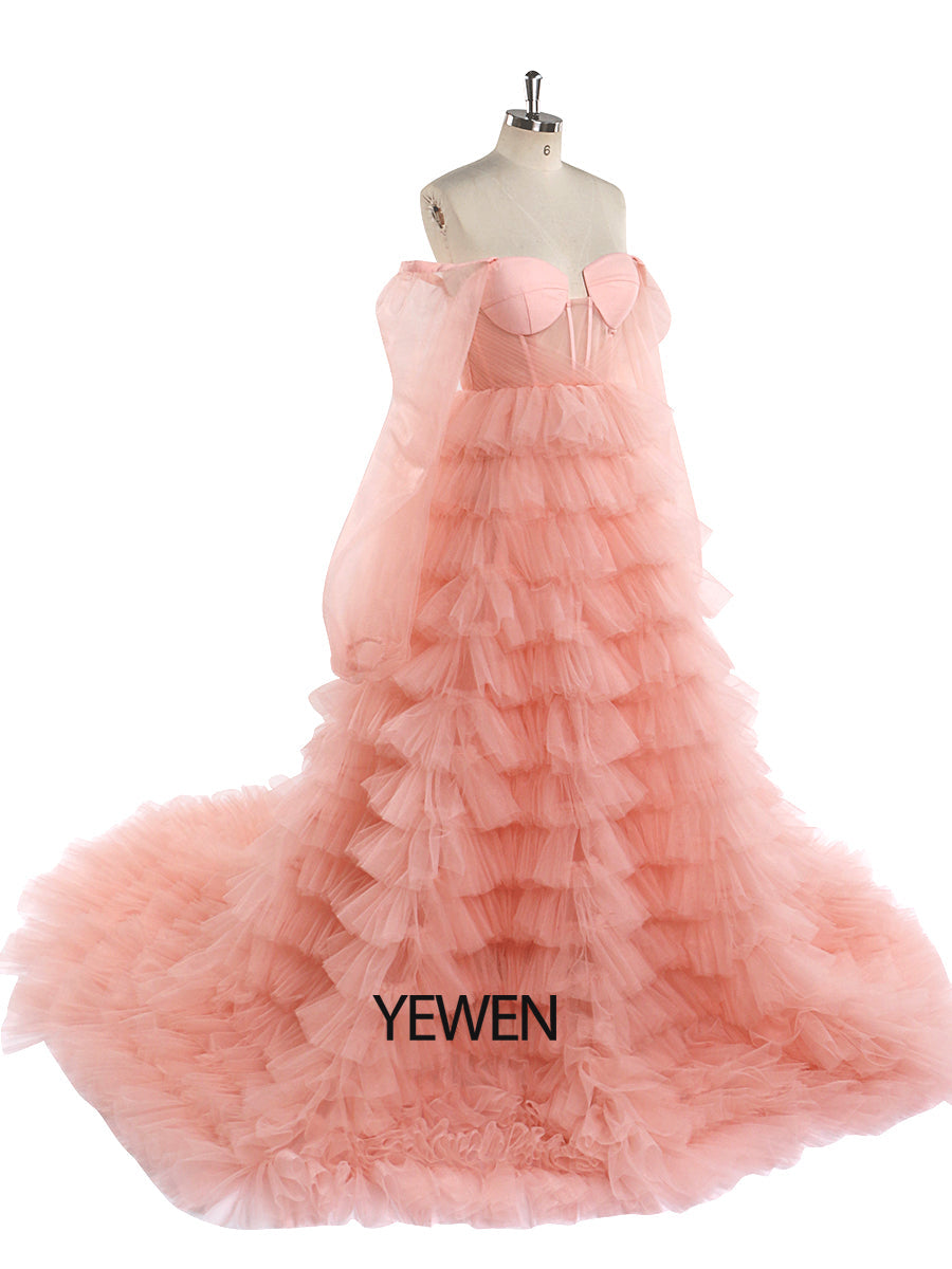 Off Shoulder Tulle Tiered Pink Prom Dress Wedding Dress Photo Shoot Gowns YW220828