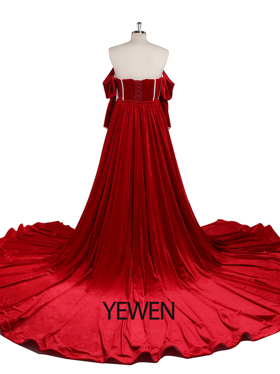 Long Sleeve Off Shoulder Red Velvet Mermaid Prom Dress Side Slit Photo Shoot Dress YW230747