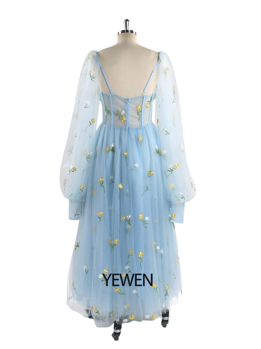 Embroidery Long Puffy Sleeve Tulle Tea Party Dresses YEWEN YW220323