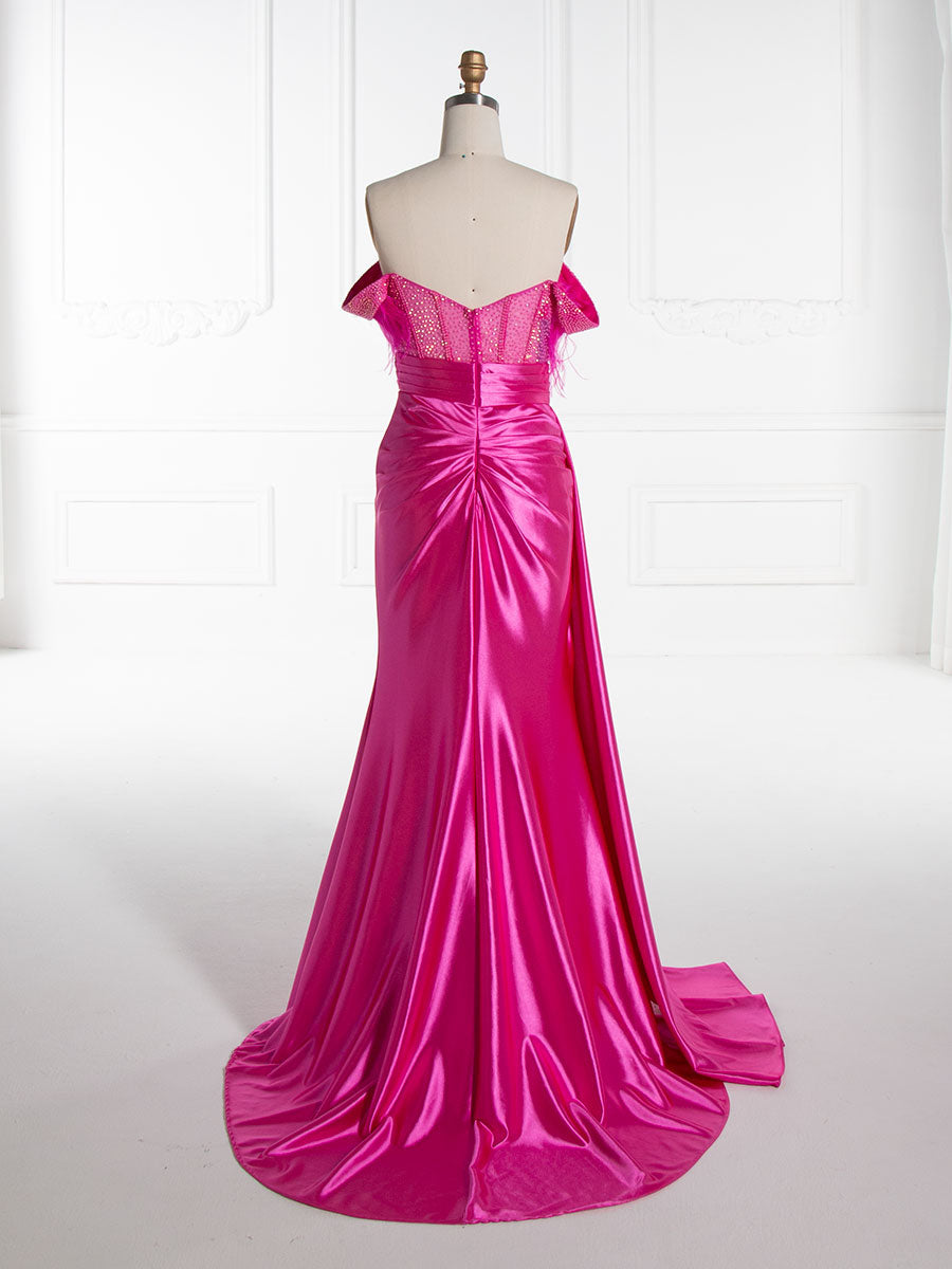 Trumpet/Mermaid Off Shoulder High Leg Slit Satin Prom Dresses YE3014