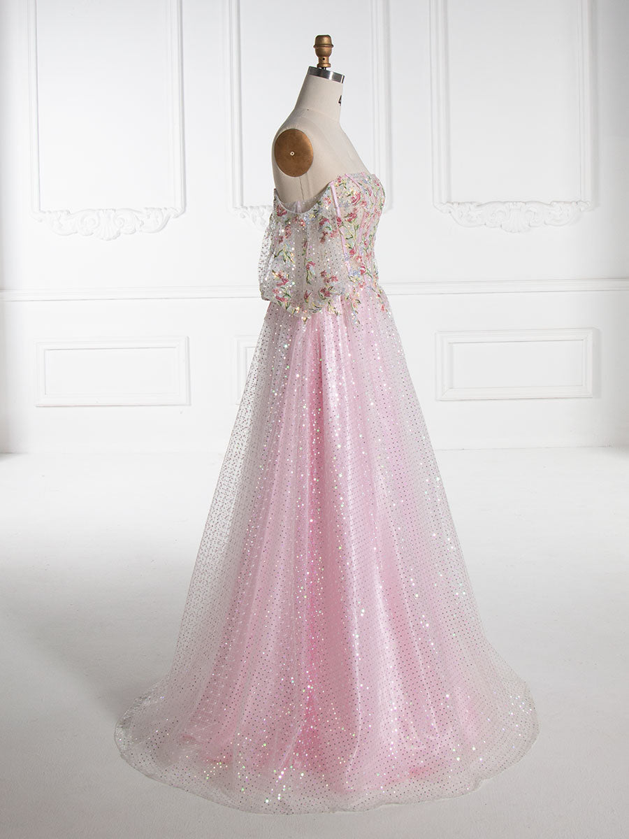 A-line Strapless Floor-Length Pink Sequin Prom Dresses With Embroidery Lace YE3002