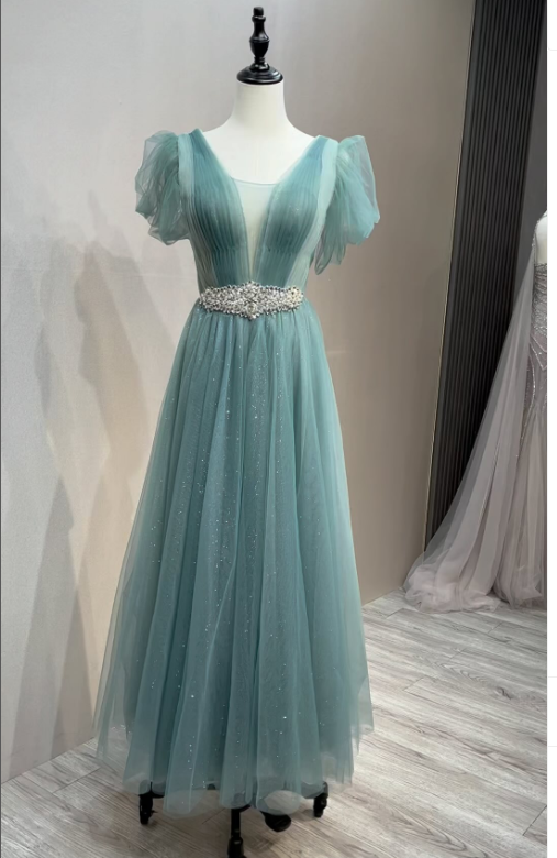 V Neck Glitter Tulle Ankle Length Dress Elegant Prom Dress #21336D