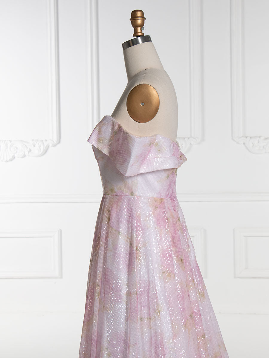 A-line Elegant Off Shoulder Pink Printed Prom Dress YE3019