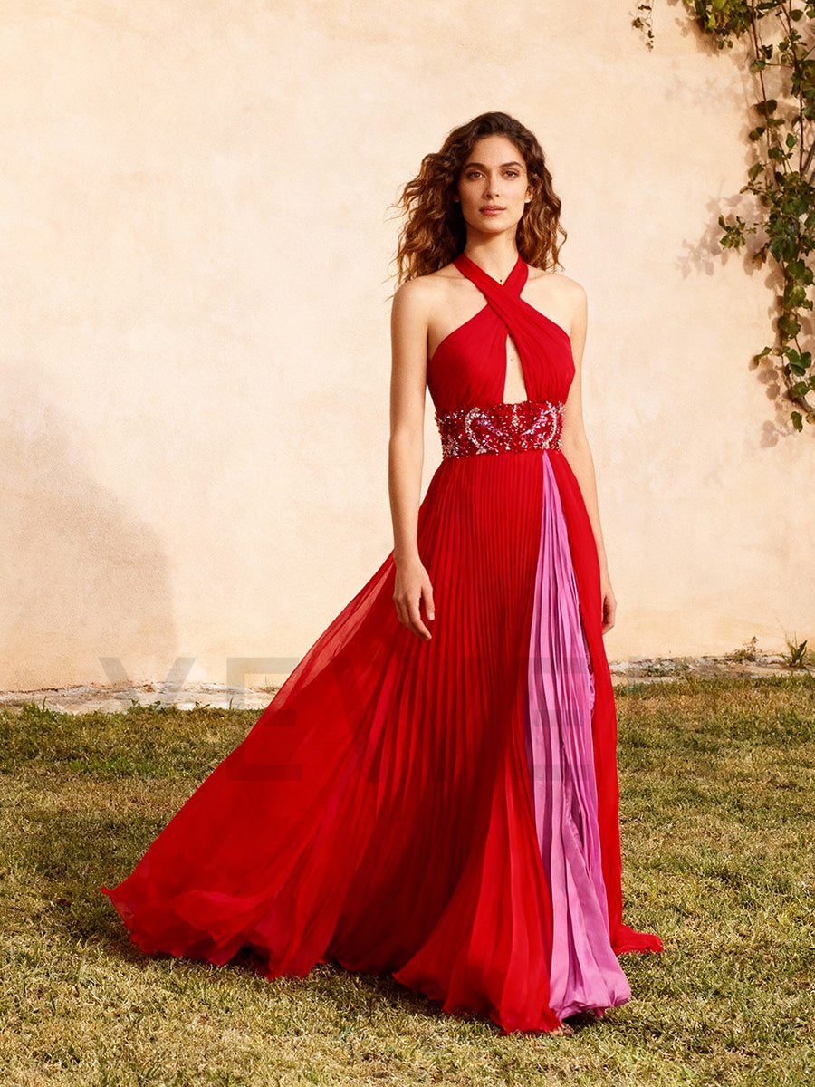 A line Backless Halter-Neck Red Pleated Long Prom Dress YE3020