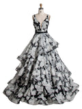 Princess V-Neck Floor-Length Black Printed Layered Prom Dresses YE3001
