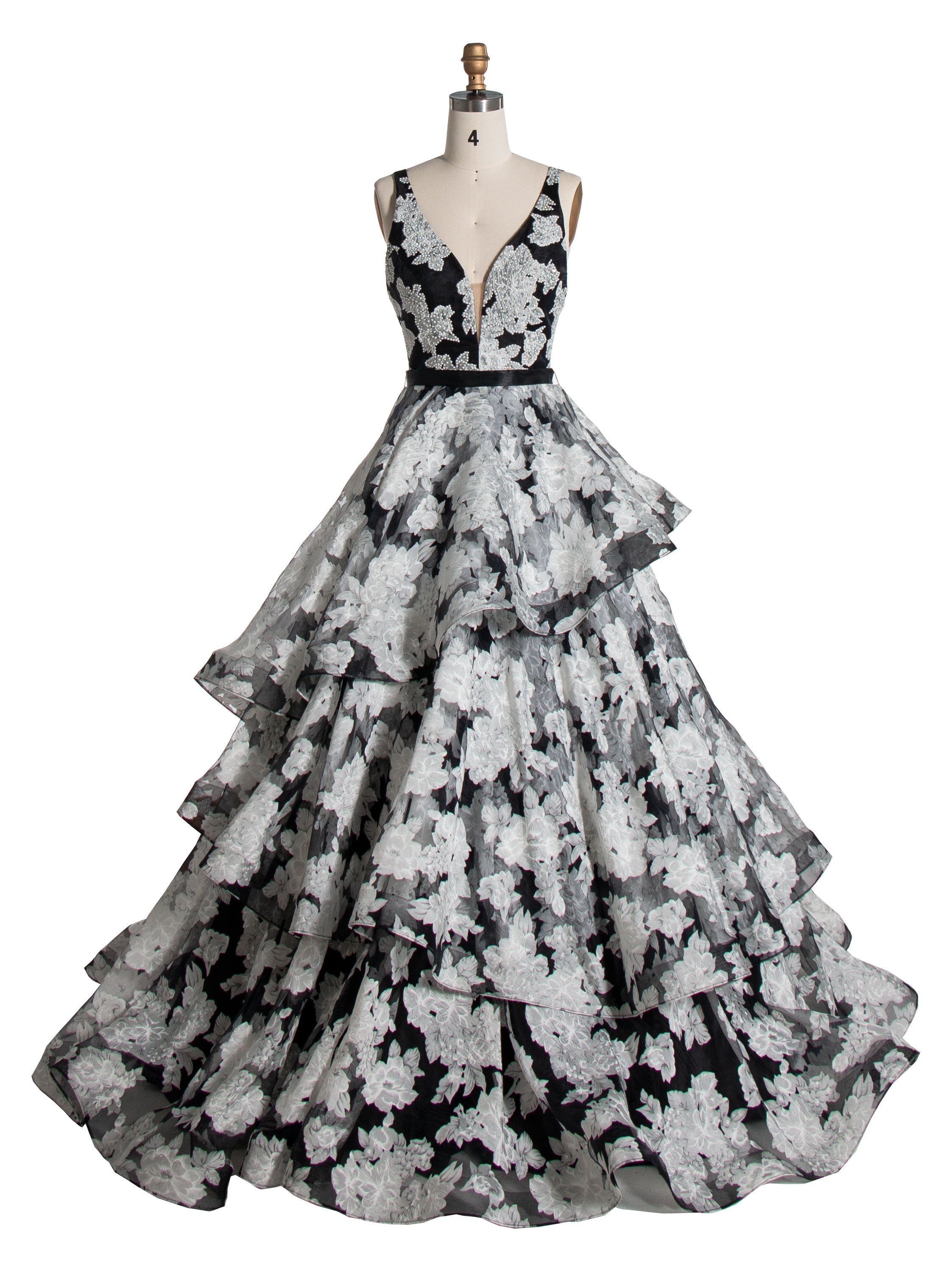 Princess V-Neck Floor-Length Black Printed Layered Prom Dresses YE3001