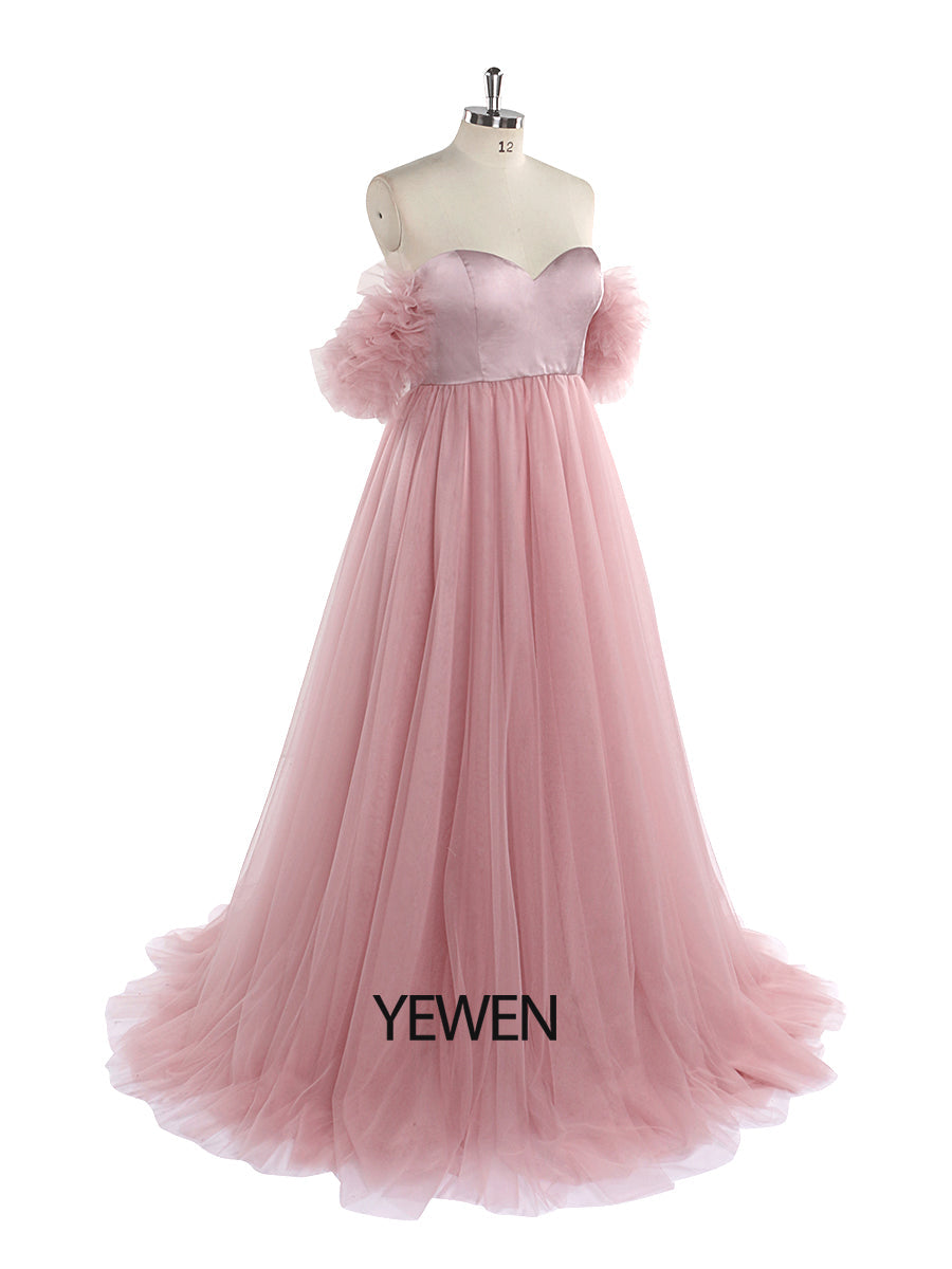 Pink Tulle Maternity Photography Dress Long Off Shoulder Maternity Gowns for Baby Shower  Fancy Photography Props YeWen YW220905