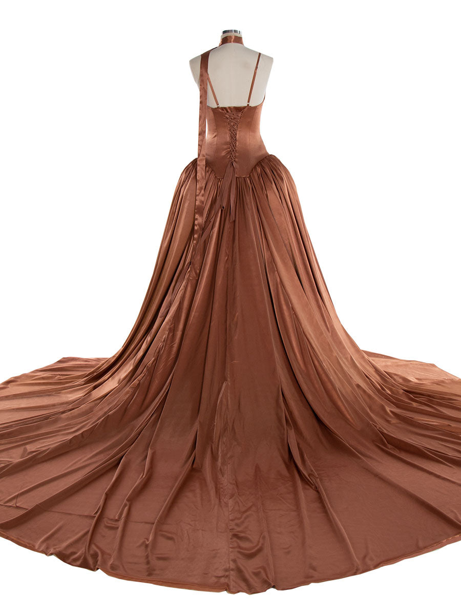 Brown Silk Satin Long Dress with Shirred Skirt Detail Party Dress YW240026