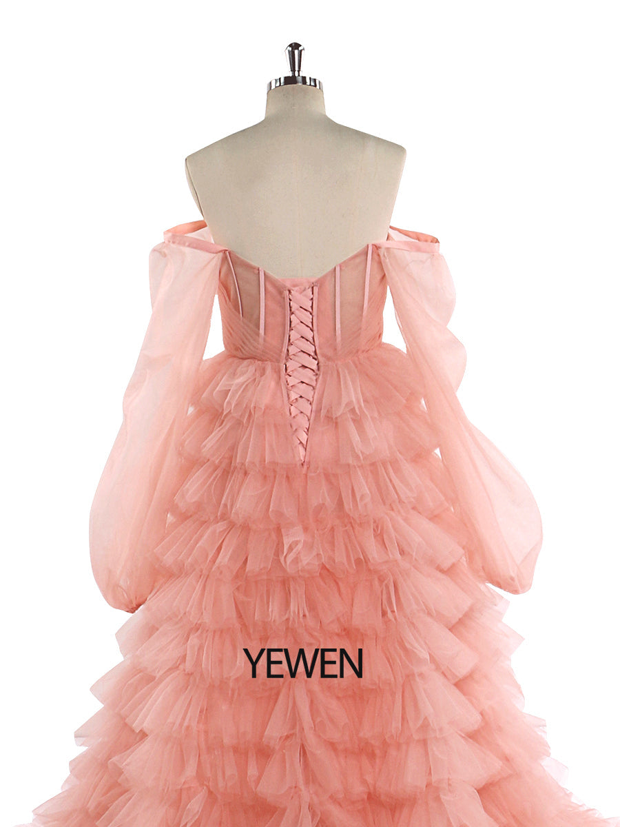 Off Shoulder Tulle Tiered Pink Prom Dress Wedding Dress Photo Shoot Gowns YW220828