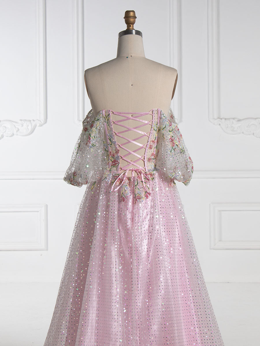 A-line Strapless Floor-Length Pink Sequin Prom Dresses With Embroidery Lace YE3002