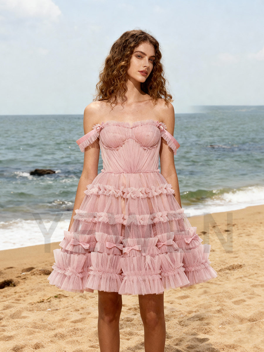 Dusty Pink Short Prom Dress Tulle Holiday Mini Nigh Party Dress