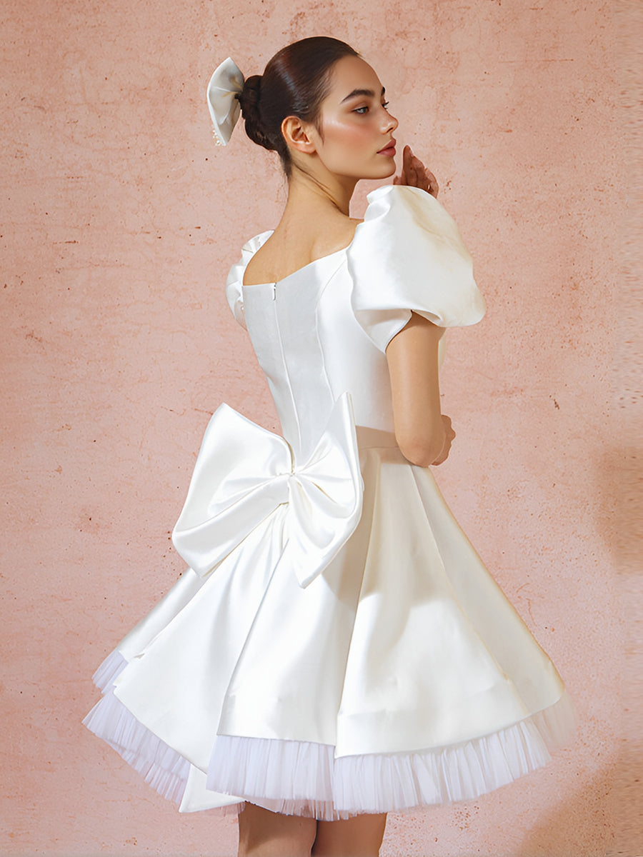 Short Sleeves Satin Cocktail Party Homecoming Dresss Mini Bridesmaid Gowns with Bow