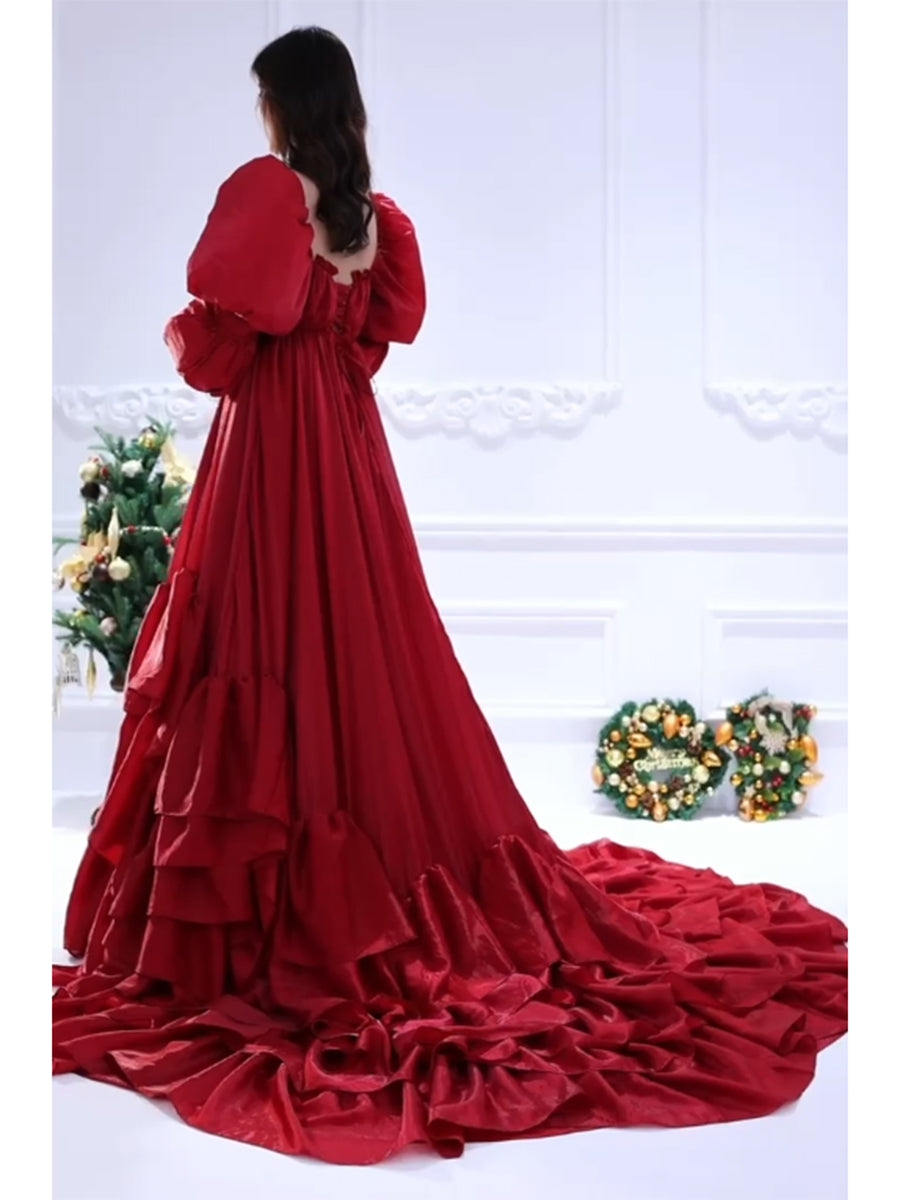 60cm Train Red Christmas Holiday Season Gown for Photo Shoot Elegant Prom Dress Photography Dress YW231116