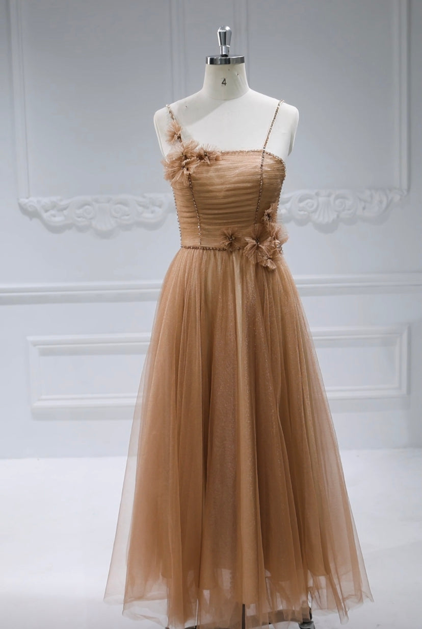 Spaghetti Strap Glitter Mesh Ankle Length Prom Ball Gown #0325