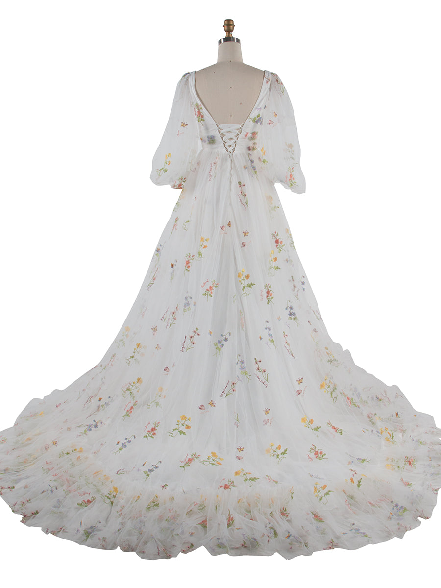 60cm Train Long Puffy Sleeve Embroidered Floral Wedding Dress Photoshoot Dress YEWEN YW231050-1
