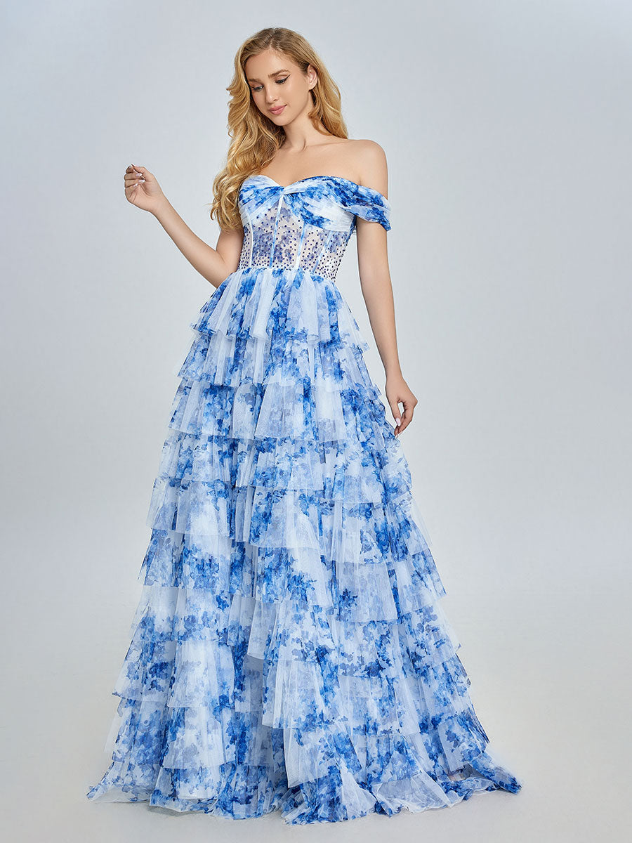 Blue Off-Shoulder Floral Tulle Gown Layered Prom Dress YE3025