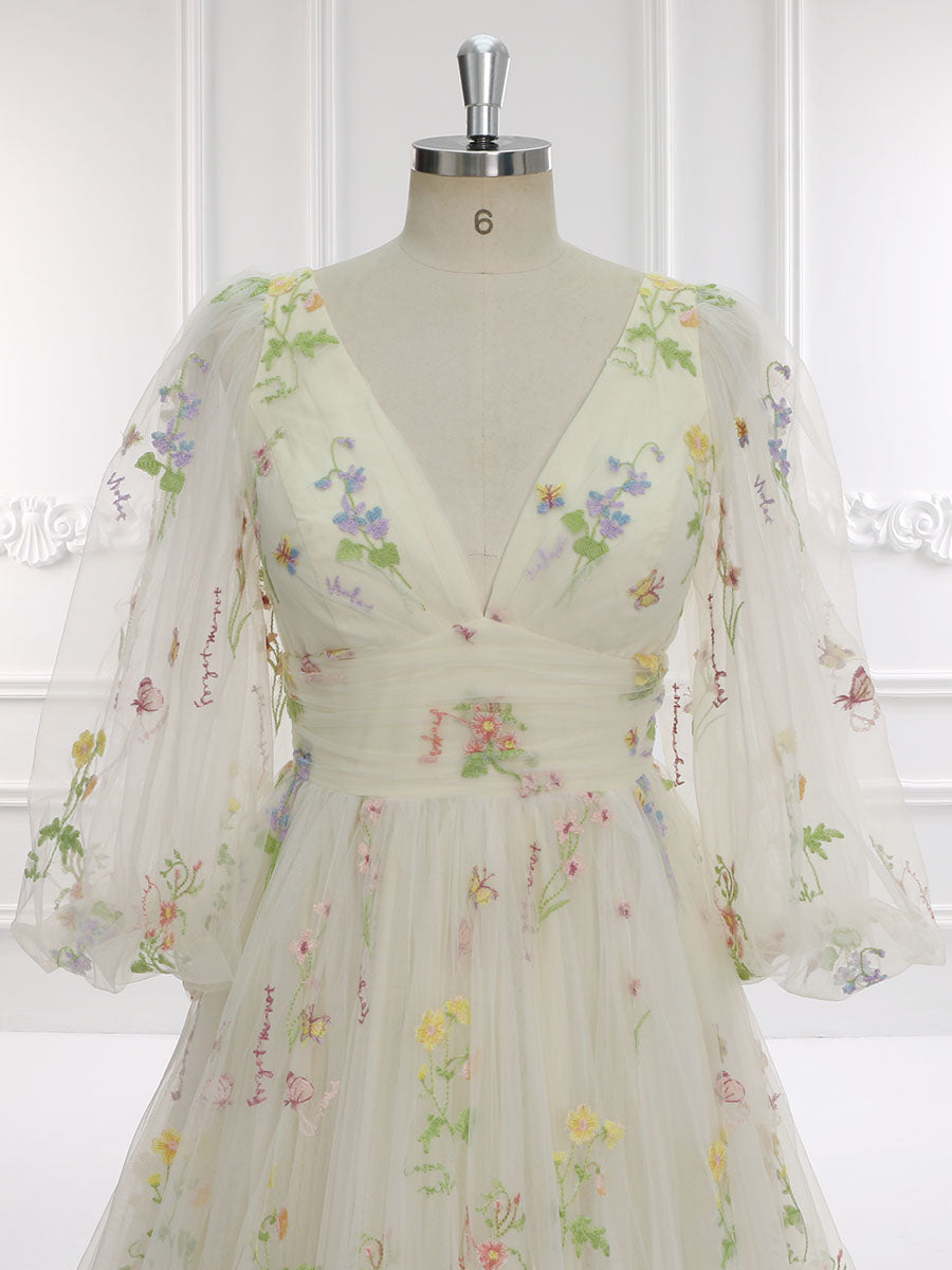 60cm Train Long Puffy Sleeve Embroidered Floral Wedding Dress Photoshoot Dress YEWEN YW231050-1