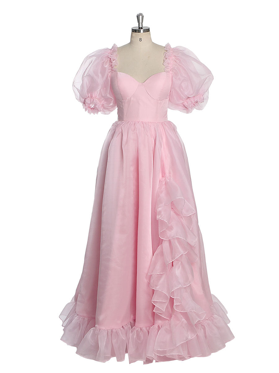 Silk Soft Organza Puff Sleeve Pink Prom Dress Fancy Photo Shoots Dress Lace-Up Back YW231019
