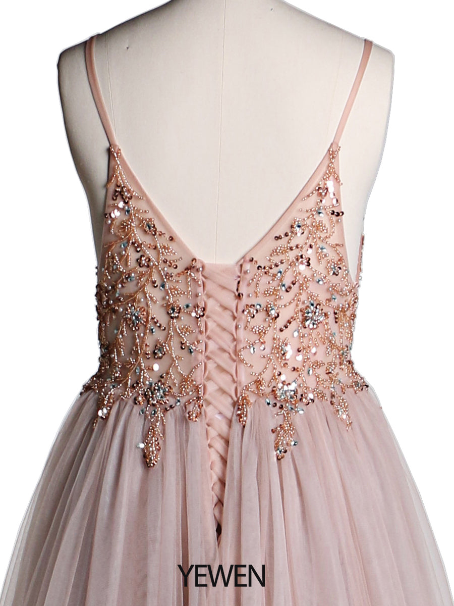 Sexy Party Dress Beaded Spaghetti Strap Backless Tulle Maxi Dress 60cm Train