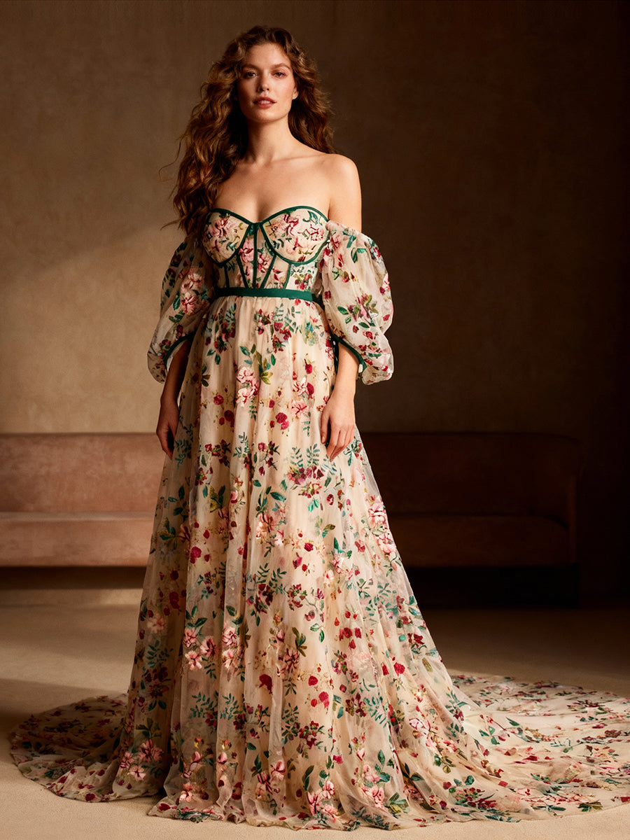 Elegant Embroidery Lace Floral Evening Gown Dress For Wedding YW240083