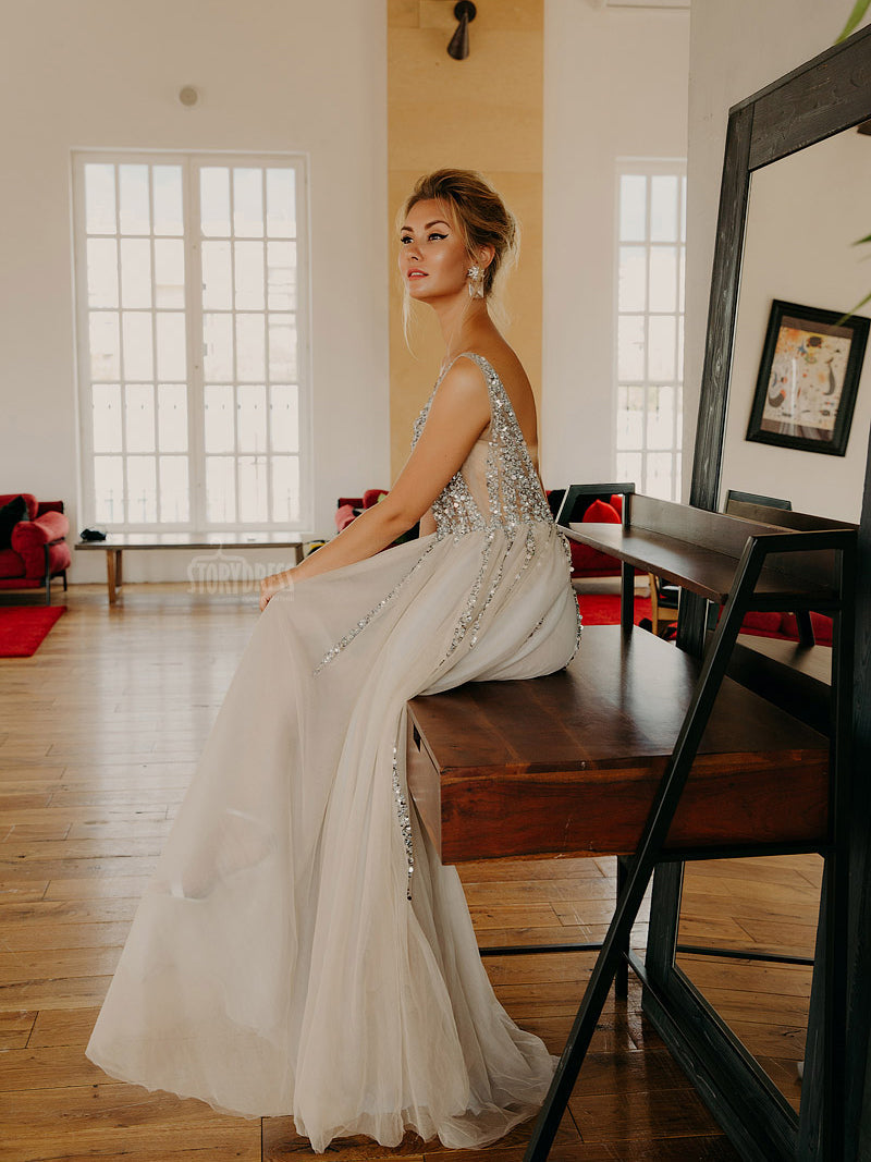 V-Neck Beaded Elegant Sleeveless Maxi Dress Photo Shoot Dress