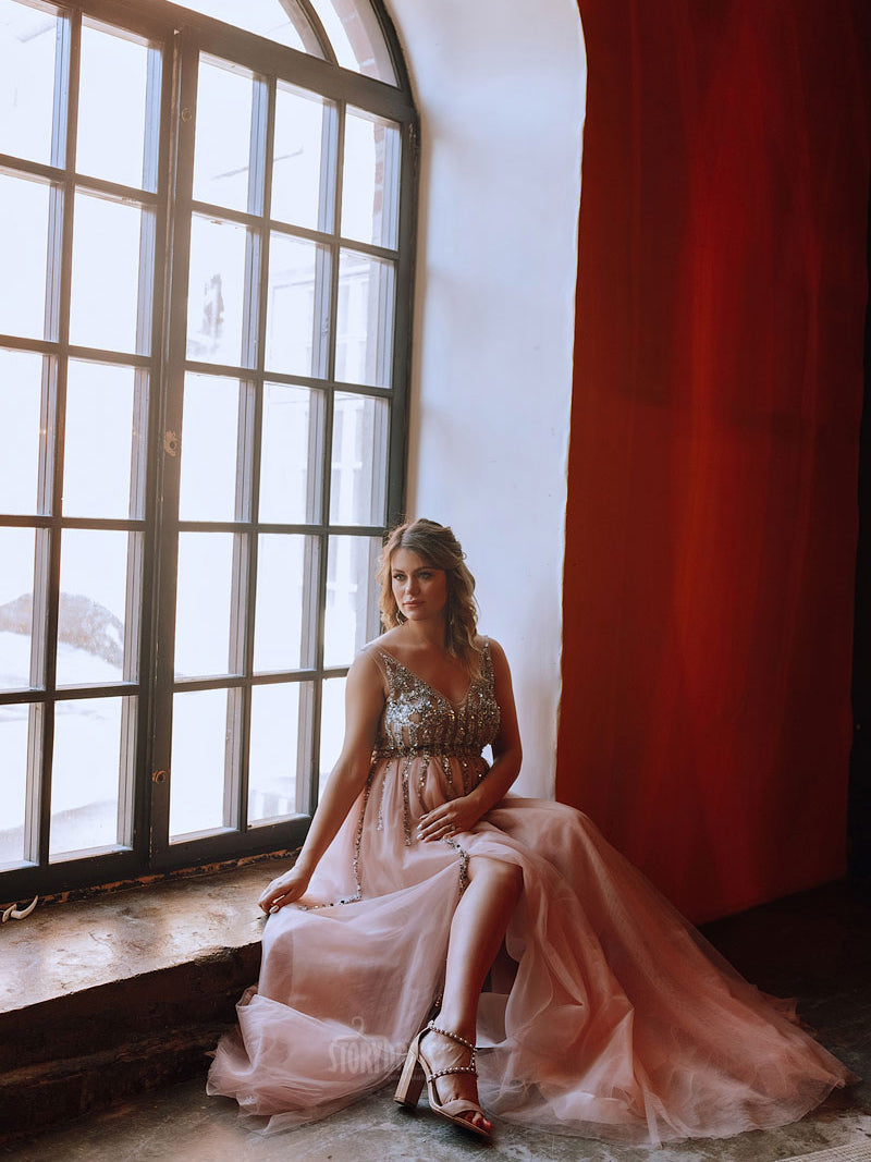 V-Neck Beaded Elegant Sleeveless Maxi Dress Photo Shoot Dress