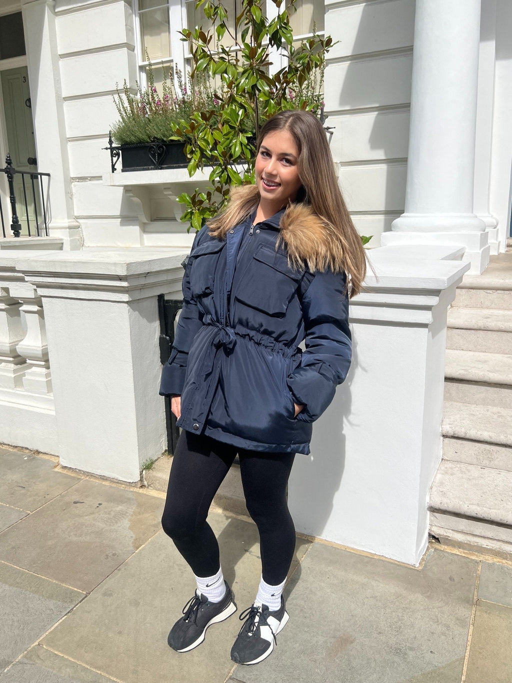 Navy/Natural Drawstring Luxury Fur Padded Belted Coat