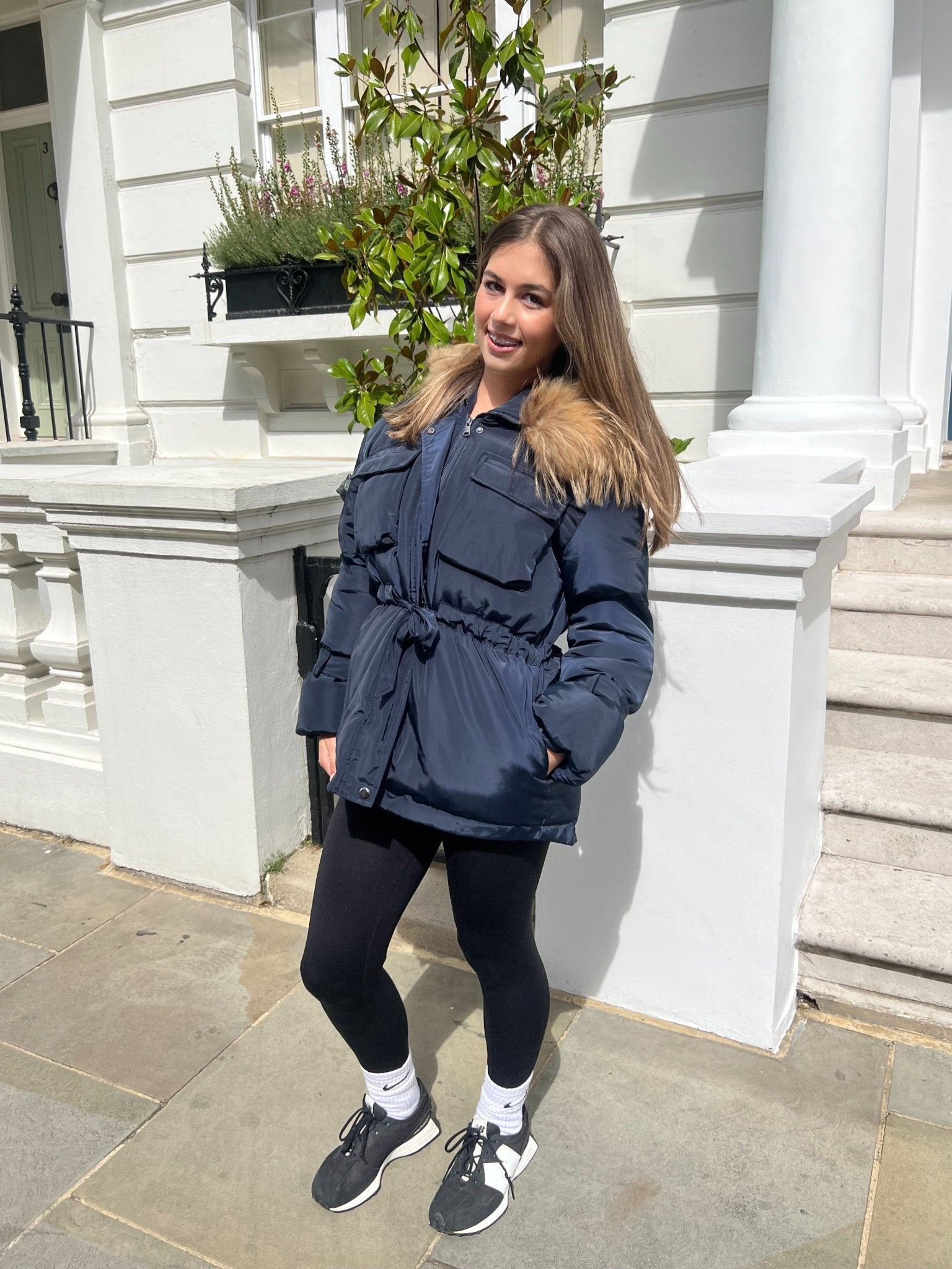 Navy/Natural Drawstring Luxury Fur Padded Belted Coat