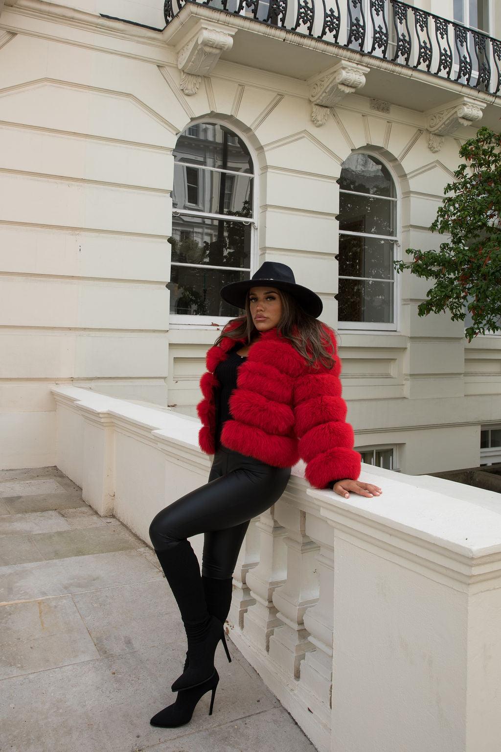 Red Luxury Fur 5 Row Cropped Sleeve Jacket