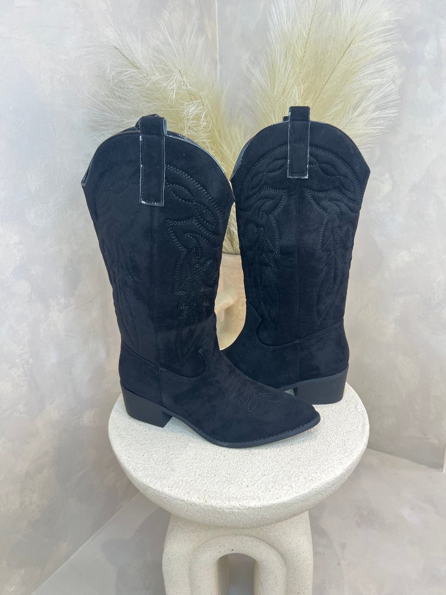 Black Suede Effect Cowboy Boots