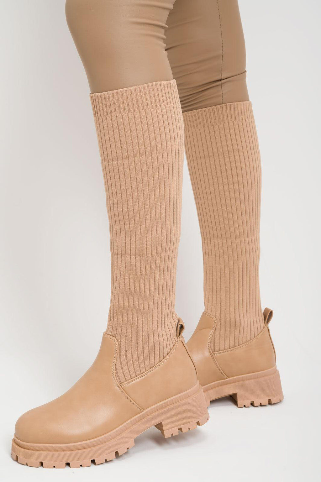 Taupe Knee High Chunky Sock Boots