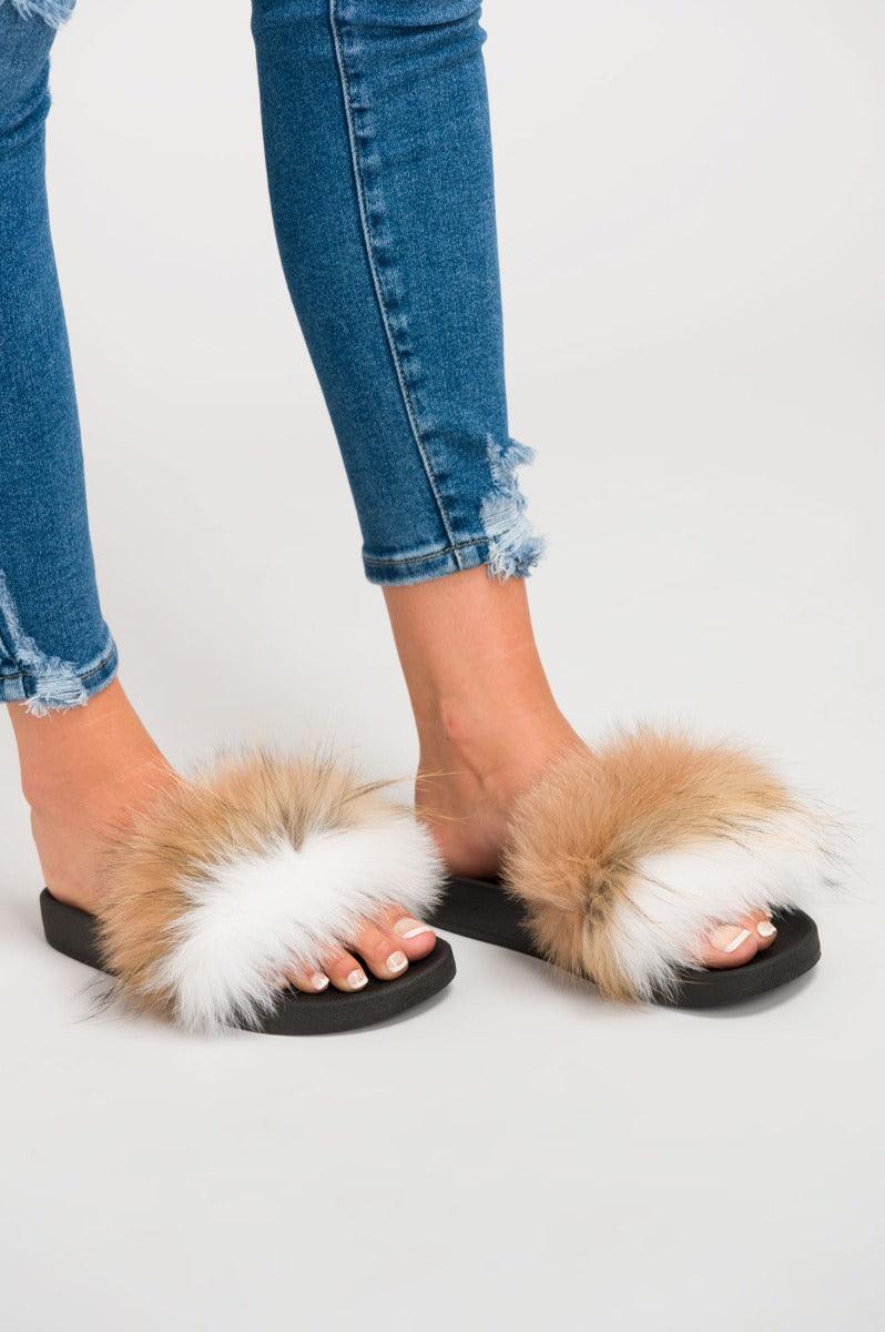 Two Tone Beige/White Luxury Fur Sliders