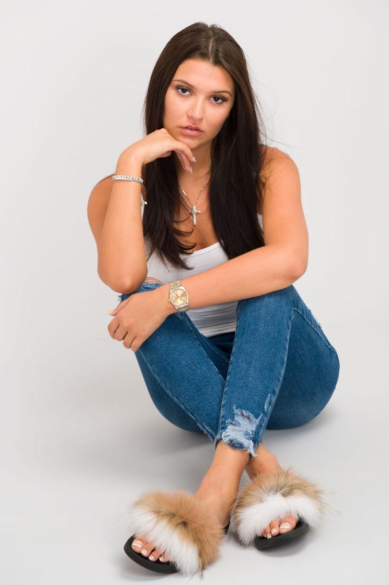 Two Tone Beige/White Luxury Fur Sliders