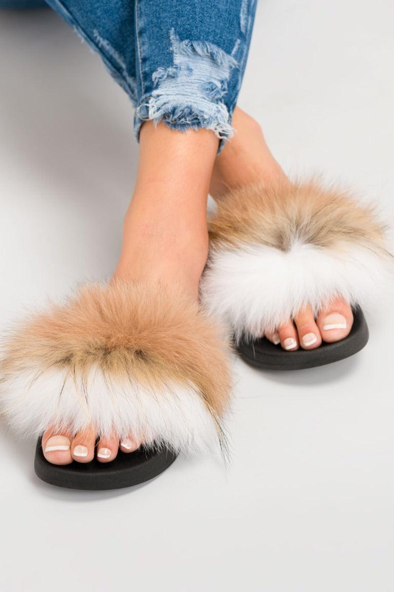 Two Tone Beige/White Luxury Fur Sliders