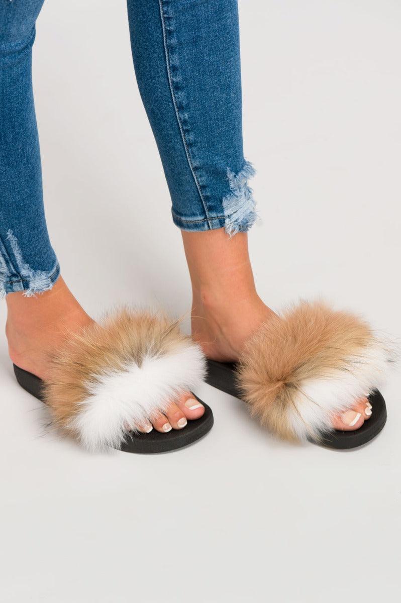 Two Tone Beige/White Luxury Fur Sliders